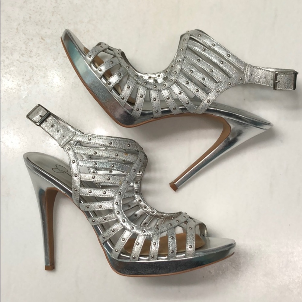 Jessica Simpson Cesarini silver cage heels
